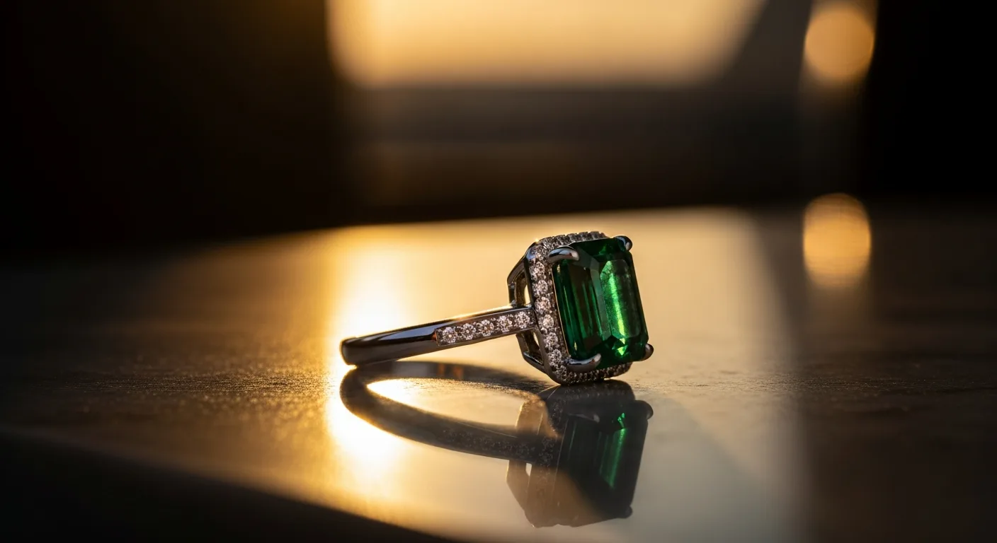 Bague émeraude sertie sur or blanc mise en lumière